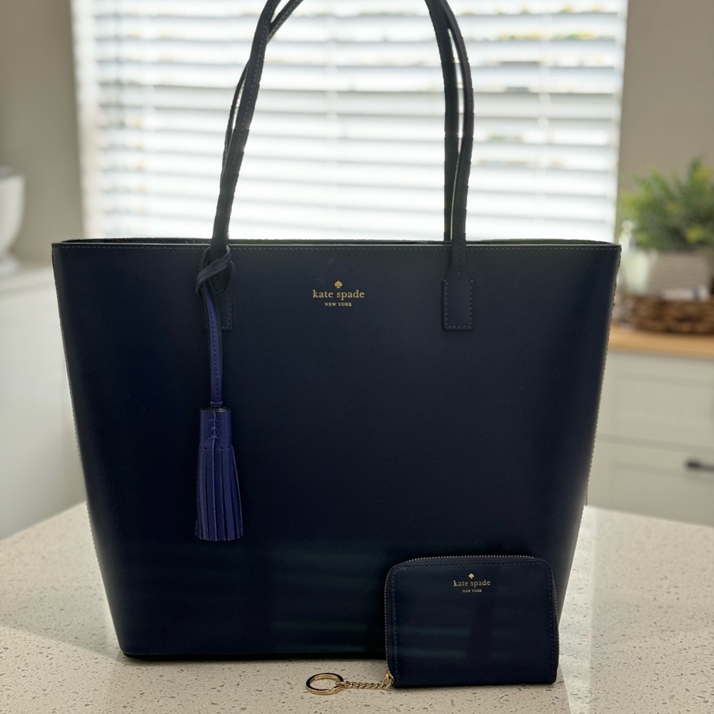 Kate Spade Navy Leather Tote with Tassel and Matching Wallet - Picture 5 of 7